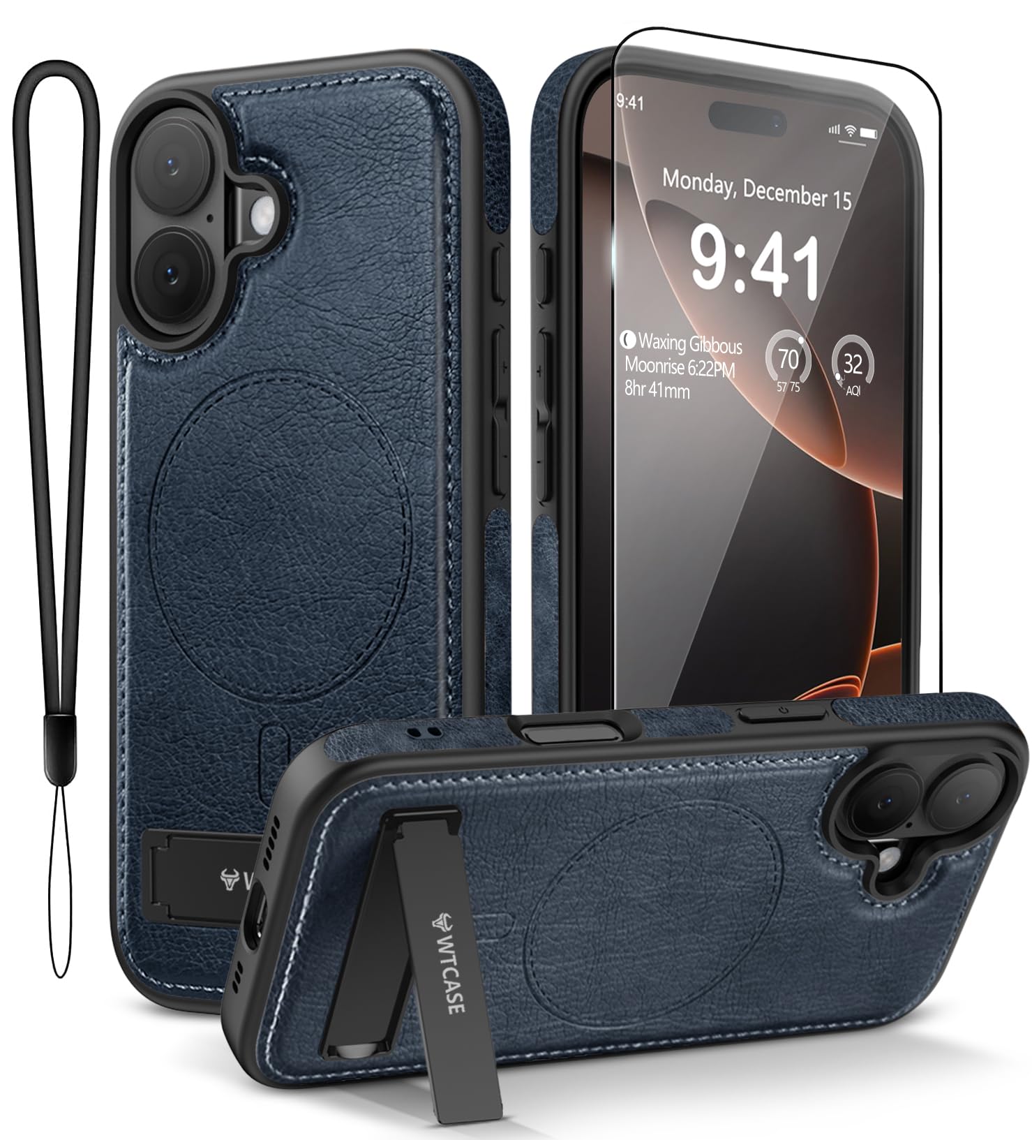 Capa De Telefone Wtcase De Couro Magnético Com Suporte Para Iphone 17 Azul