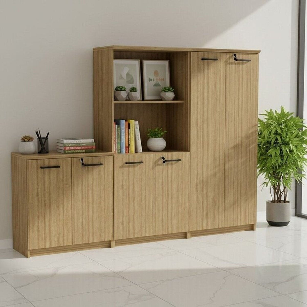 Conjunto 3 Peças 2 Armários Com Portas E Nicho E 1 Balcão Com 2 Portas E Chave Espresso Móveis Amêndoa/preto