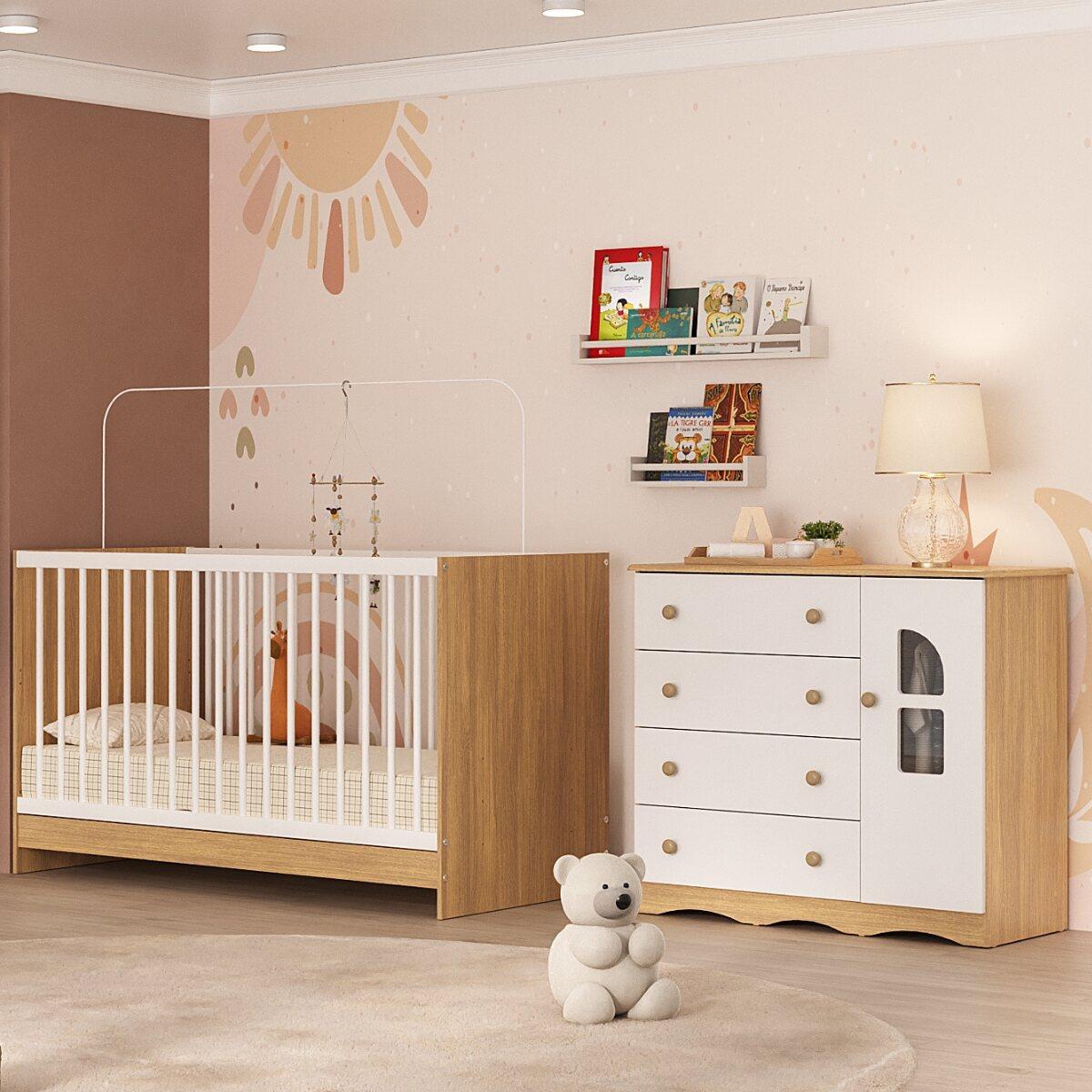 Berço 3 Em 1 Para Colchão 130x60cm Com Cômoda 1 Porta 4 Gavetas Liz Multimóveis Mp4761 Madeirado/branco