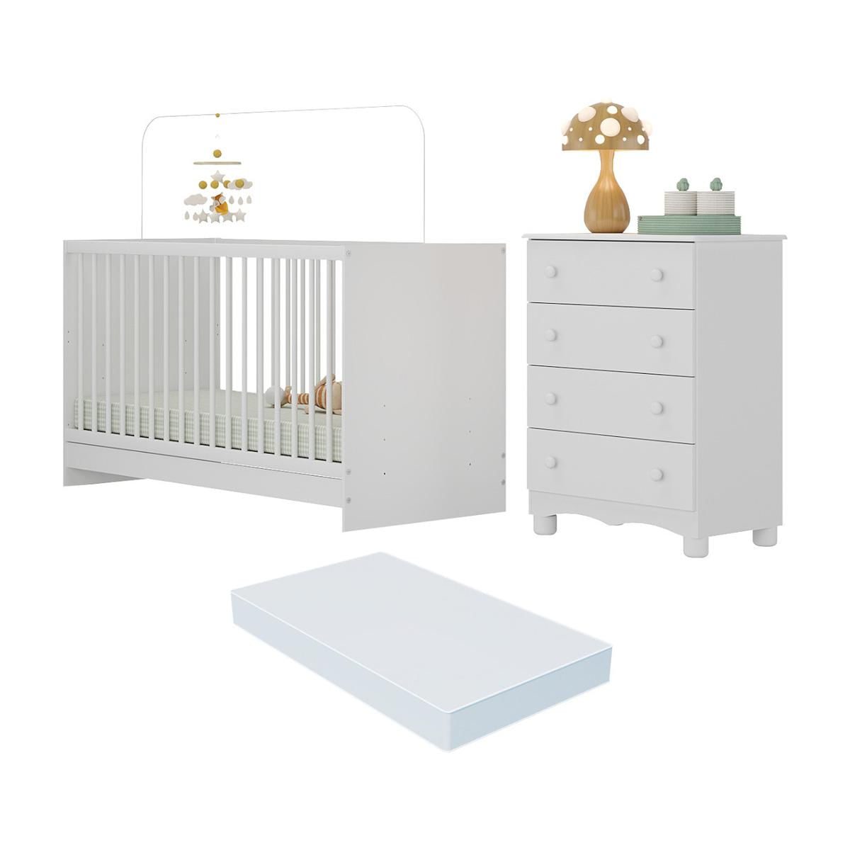 Berço 3 Em 1 Com Colchão Incluso E Cômoda 4 Gavetas Luna Multimóveis Mp4778 Branco