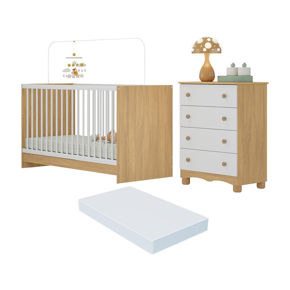 Berço 3 Em 1 Com Colchão Incluso E Cômoda 4 Gavetas Luna Multimóveis Mp4778 Madeirado/branco