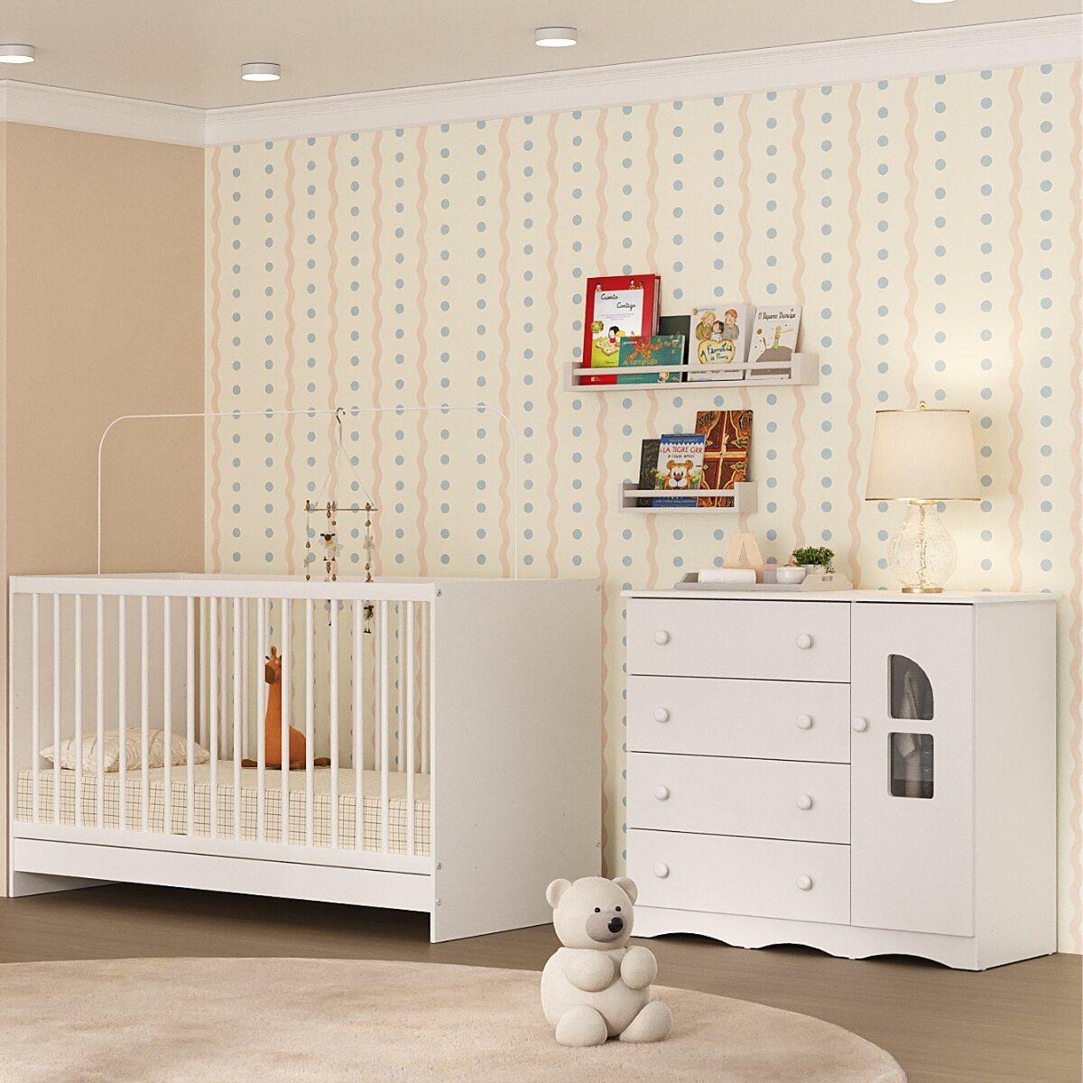 Berço 3 Em 1 Para Colchão 130x60cm Com Cômoda 1 Porta 4 Gavetas Liz Multimóveis Mp4761 Branco