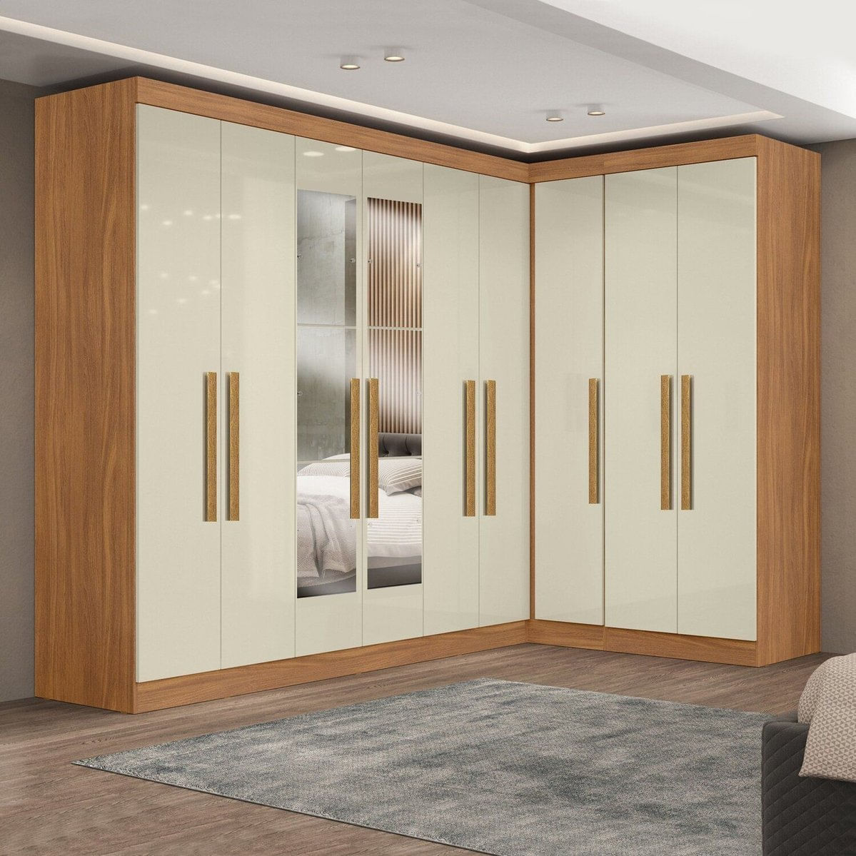 Guarda-Roupa Modulado De Canto Com Puxadores Mdf E Espelho Paris Cinamomo / Off White