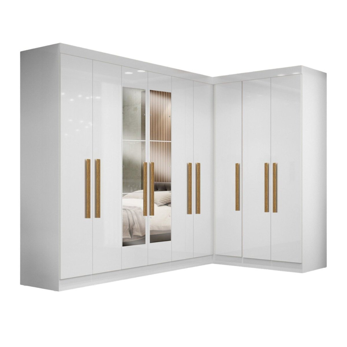 Guarda-Roupa Modulado De Canto Com Puxadores Mdf E Espelho Paris Branco