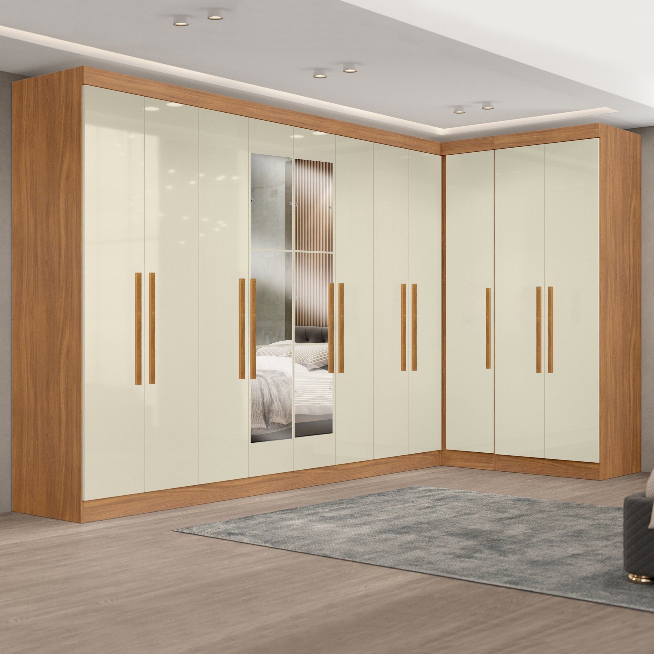 Guarda-Roupa Modulado De Canto Com Puxadores Mdf E Espelho Paris Cinamomo / Off White