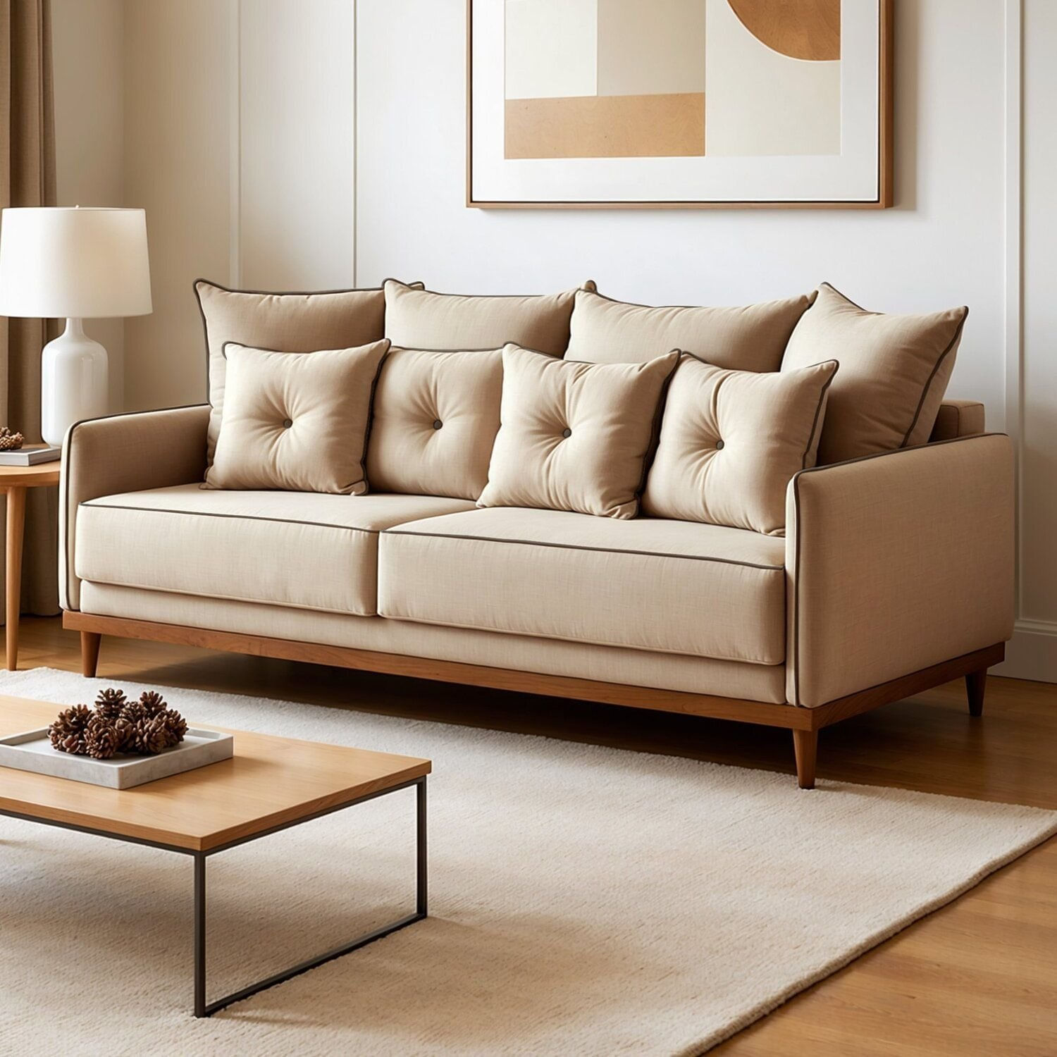 Sofá 2 Lugares Base Em Madeiras Maciça Athena Bege