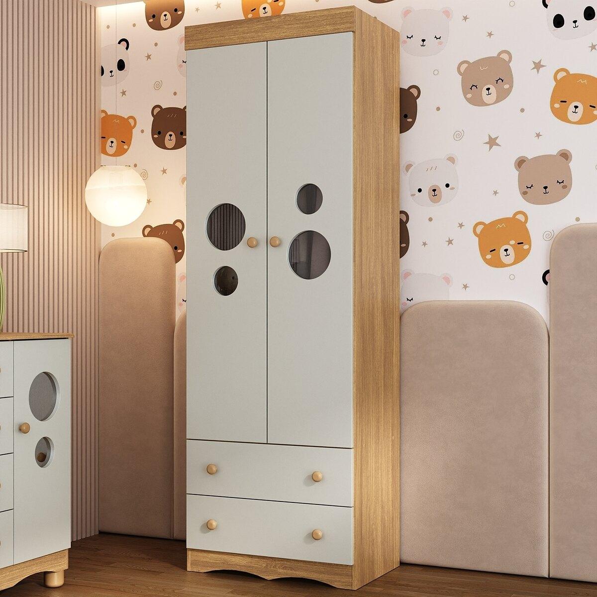 Guarda-roupa Infantil 62cm 2 Portas Com Vidro E 2 Gavetas Sonho Multimóveis Mp4471 Madeirado/off White