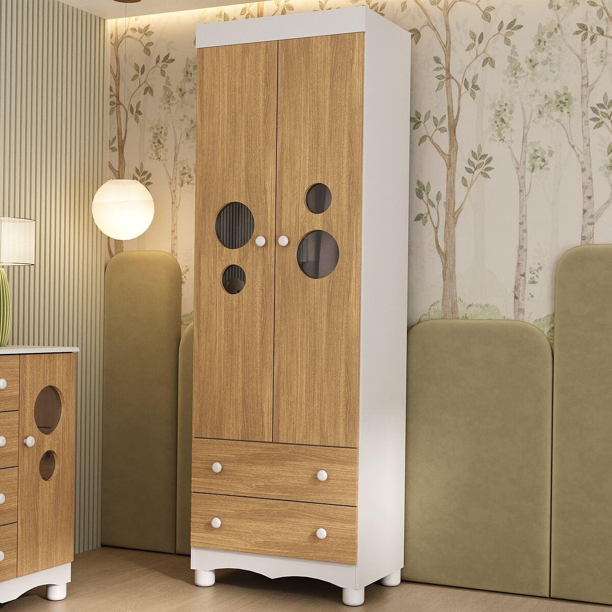 Guarda-Roupa Infantil 62cm 2 Portas Com Vidro E 2 Gavetas Suspiro Multimóveis Mp4456 Branco/Madeirado