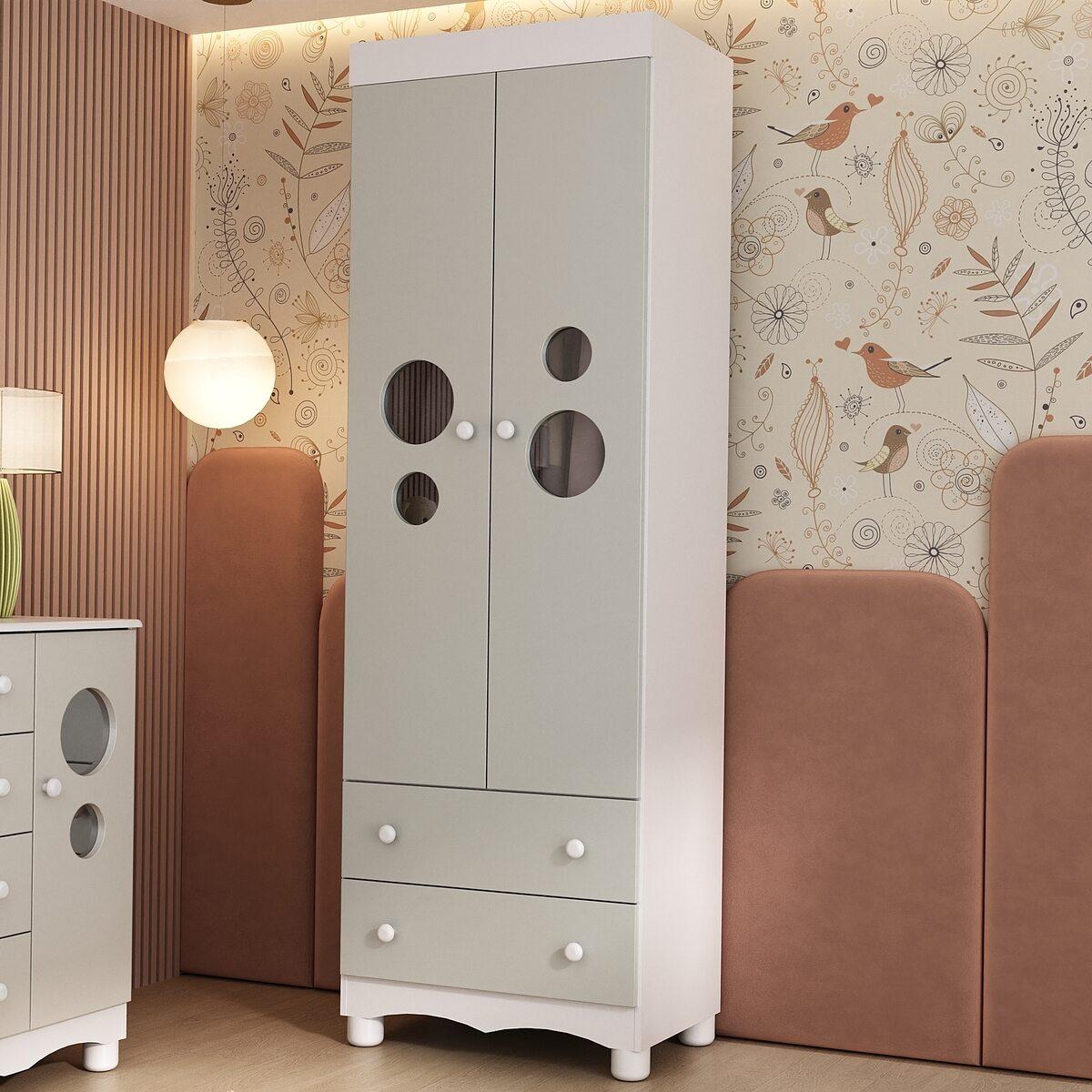 Guarda-Roupa Infantil 62cm 2 Portas Com Vidro E 2 Gavetas Suspiro Multimóveis Mp4456 Branco/Off White