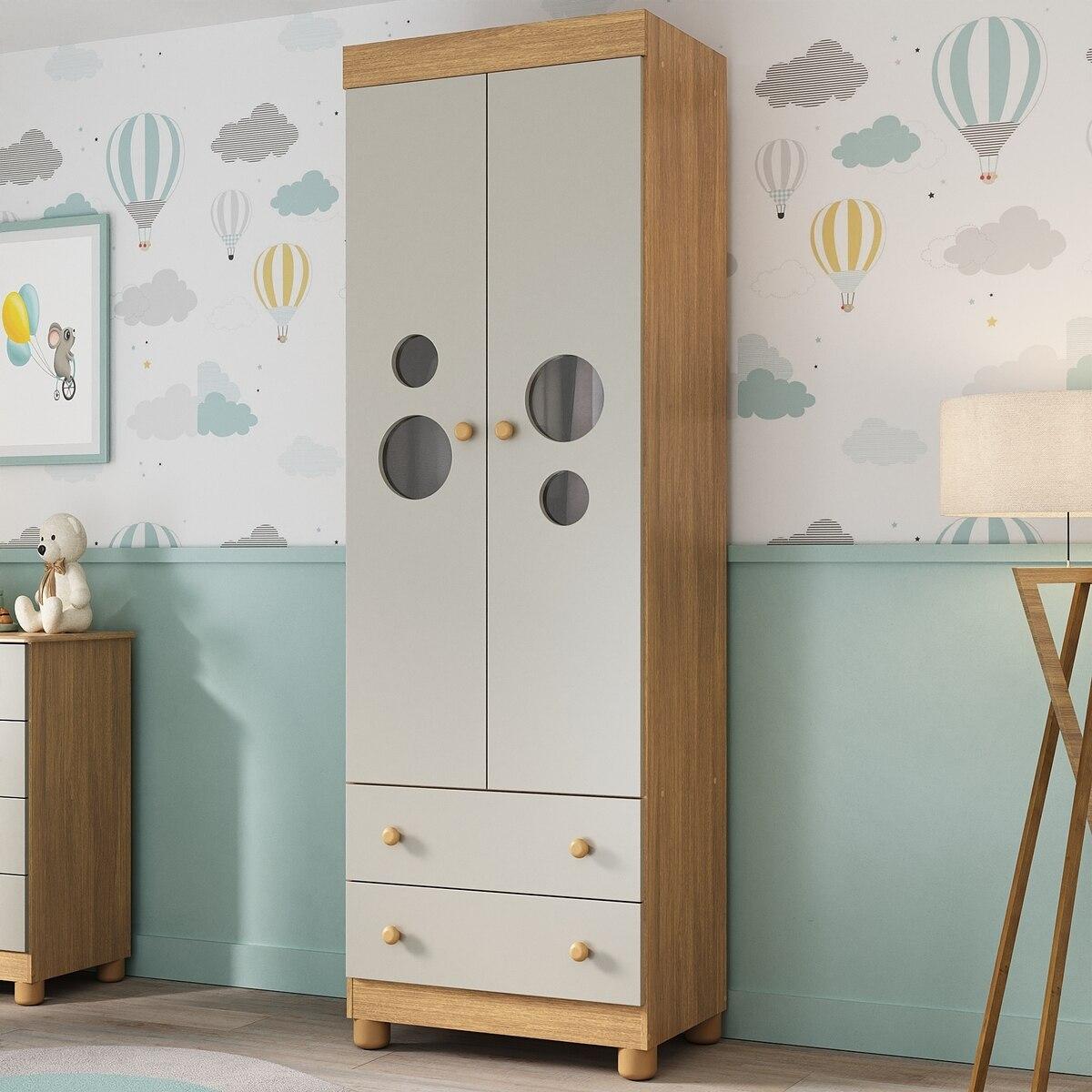 Guarda-Roupa Infantil 62cm 2 Portas Com Vidro E 2 Gavetas Bombom Multimóveis Mp4461 Madeirado/Off White