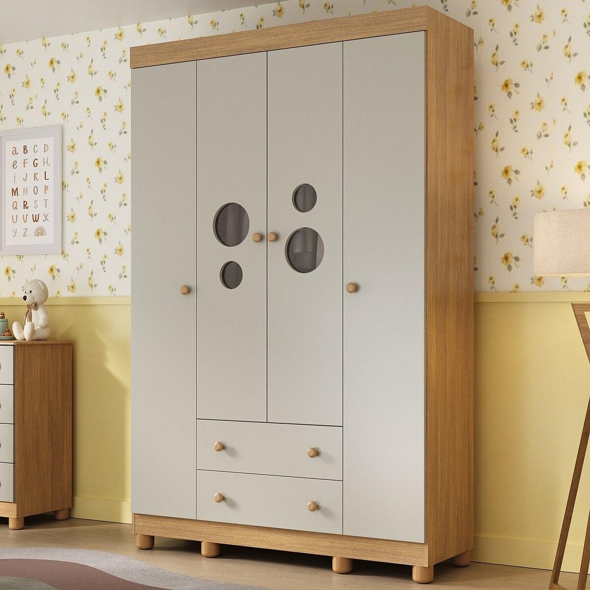 Guarda-Roupa Infantil 122cm Com Vidro 4 Portas E 2 Gavetas Bombom Multimóveis Mp4463 Madeirado/Off White