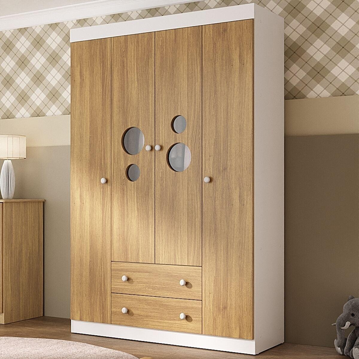 Guarda-Roupa Infantil 122cm Com Vidro 4 Portas E 2 Gavetas Pirulito Multimóveis Mp4468 Branco/Madeirado