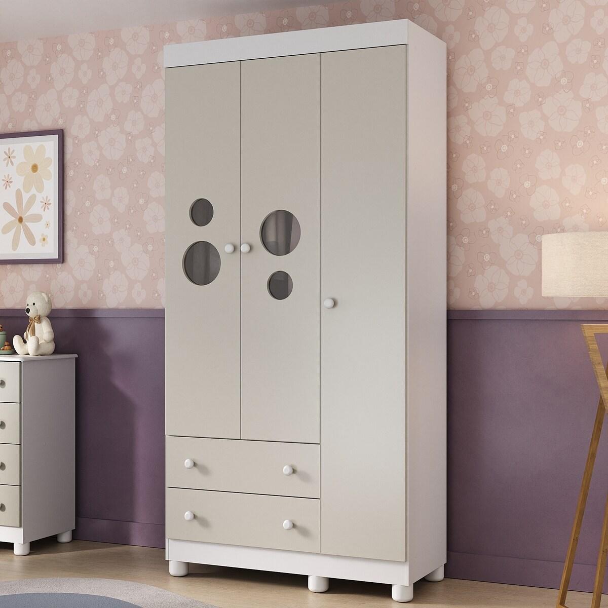 Guarda-Roupa Infantil 92cm Com Vidro 3 Portas E 2 Gavetas Bombom Multimóveis Mp4462 Branco/Off White