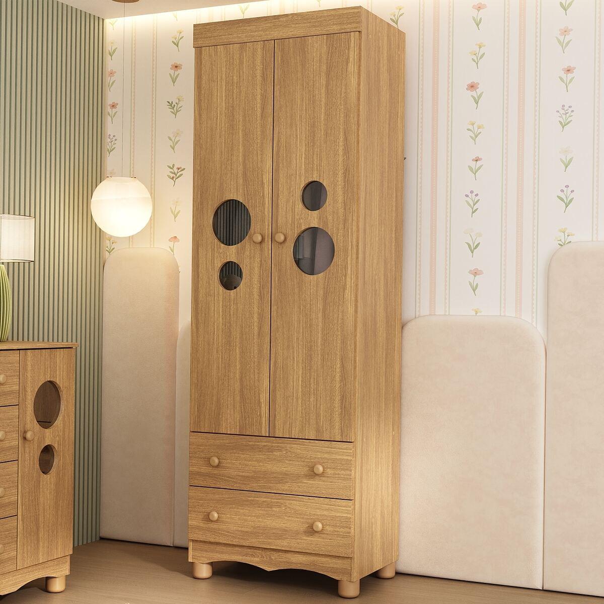 Guarda-Roupa Infantil 62cm 2 Portas Com Vidro E 2 Gavetas Suspiro Multimóveis Mp4456 Madeirado