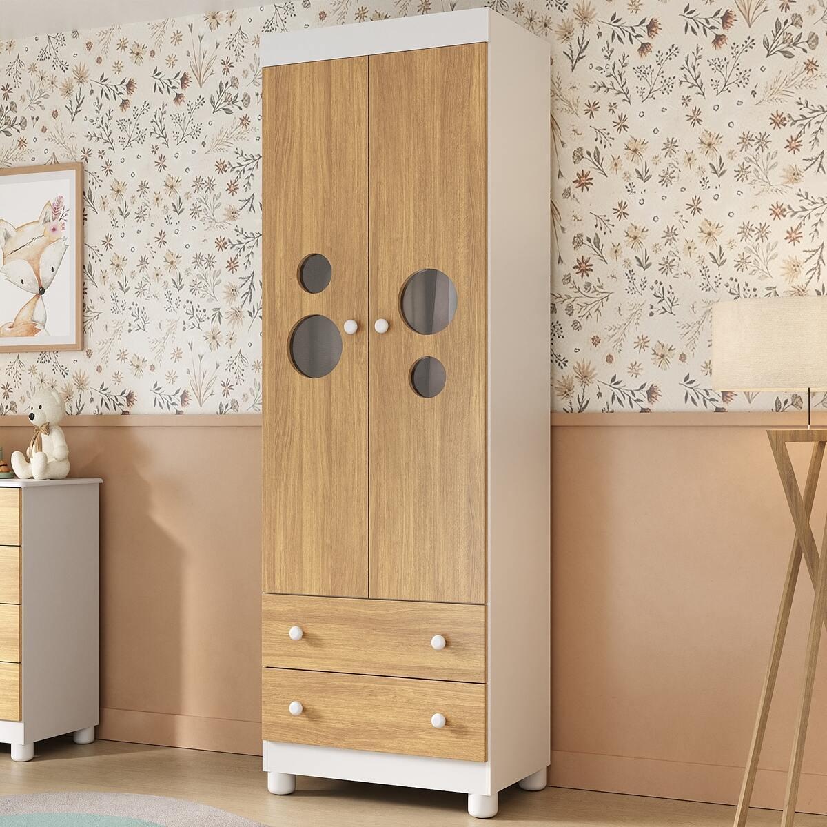 Guarda-Roupa Infantil 62cm 2 Portas Com Vidro E 2 Gavetas Bombom Multimóveis Mp4461 Branco/Madeirado