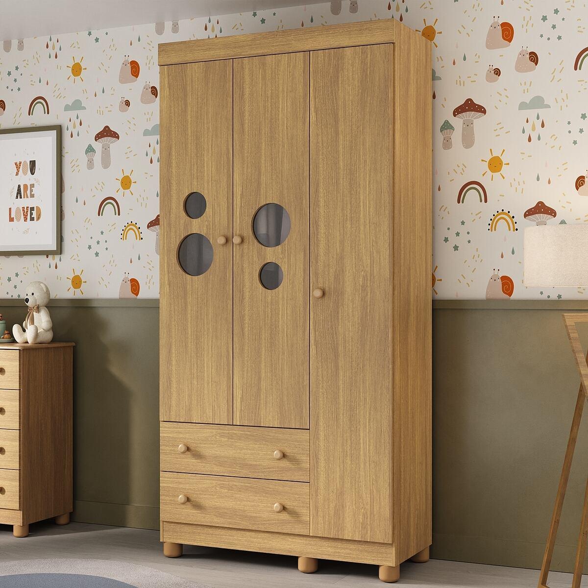 Guarda-Roupa Infantil 92cm Com Vidro 3 Portas E 2 Gavetas Bombom Multimóveis Mp4462 Madeirado