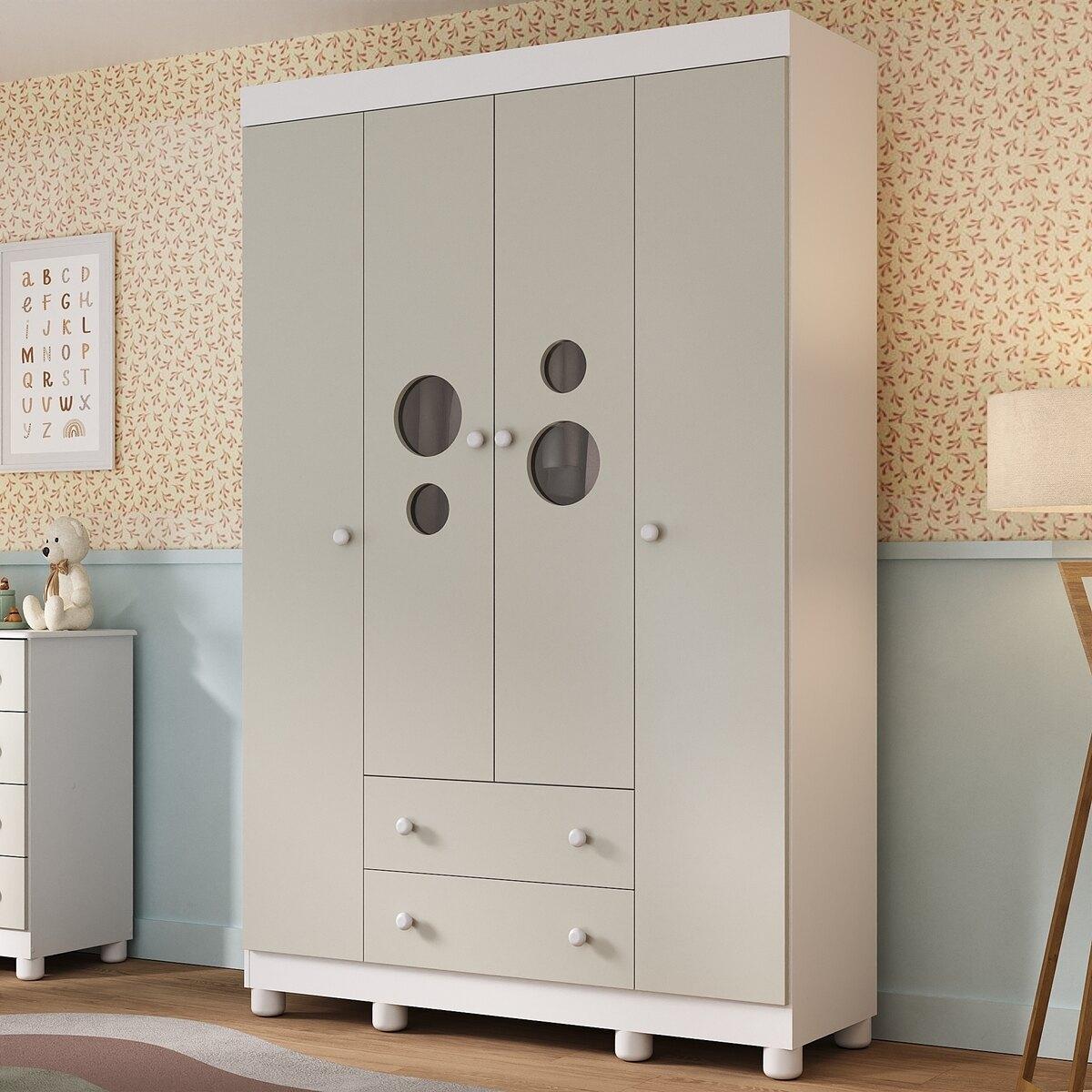 Guarda-Roupa Infantil 122cm Com Vidro 4 Portas E 2 Gavetas Bombom Multimóveis Mp4463 Branco/Off White