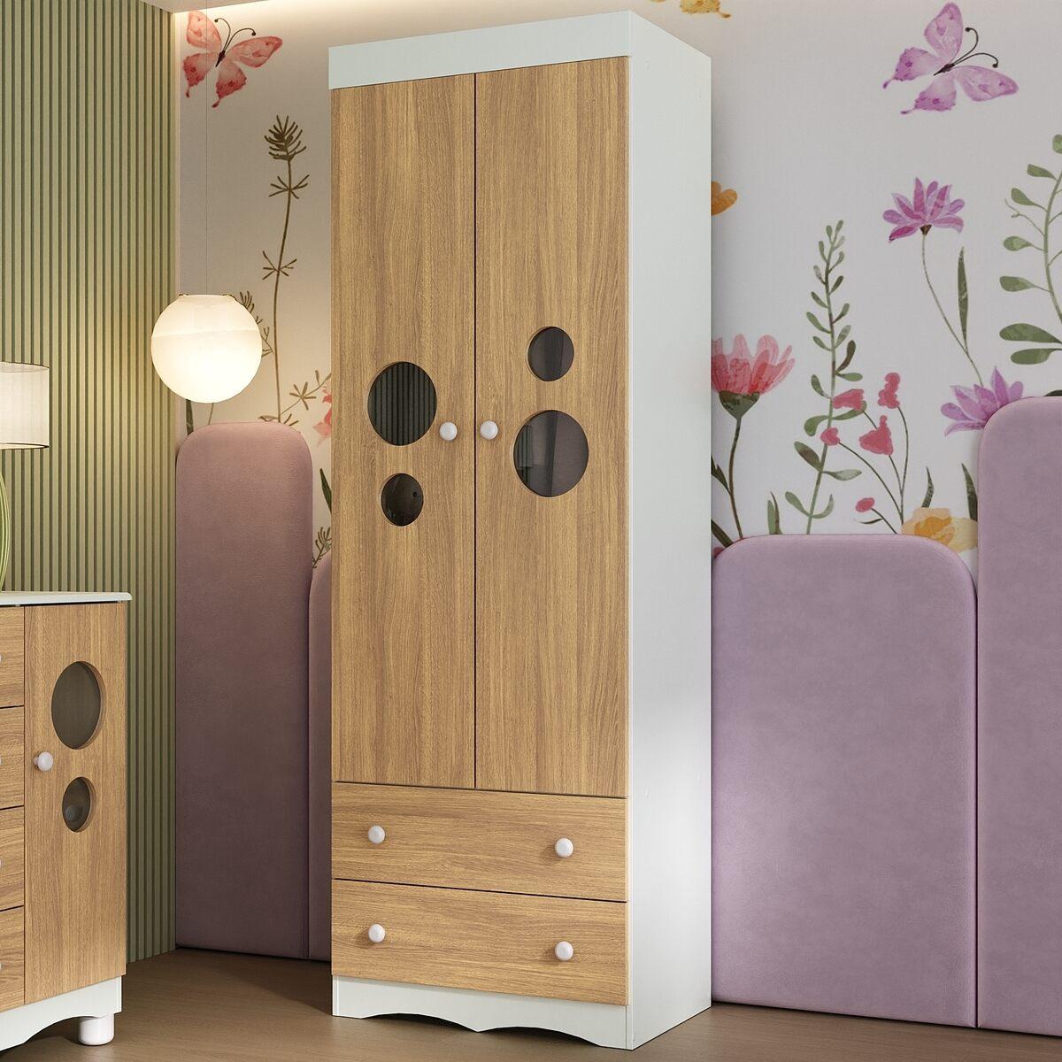 Guarda-Roupa Infantil 62cm 2 Portas Com Vidro E 2 Gavetas Sonho Multimóveis Mp4471 Branco/Madeirado