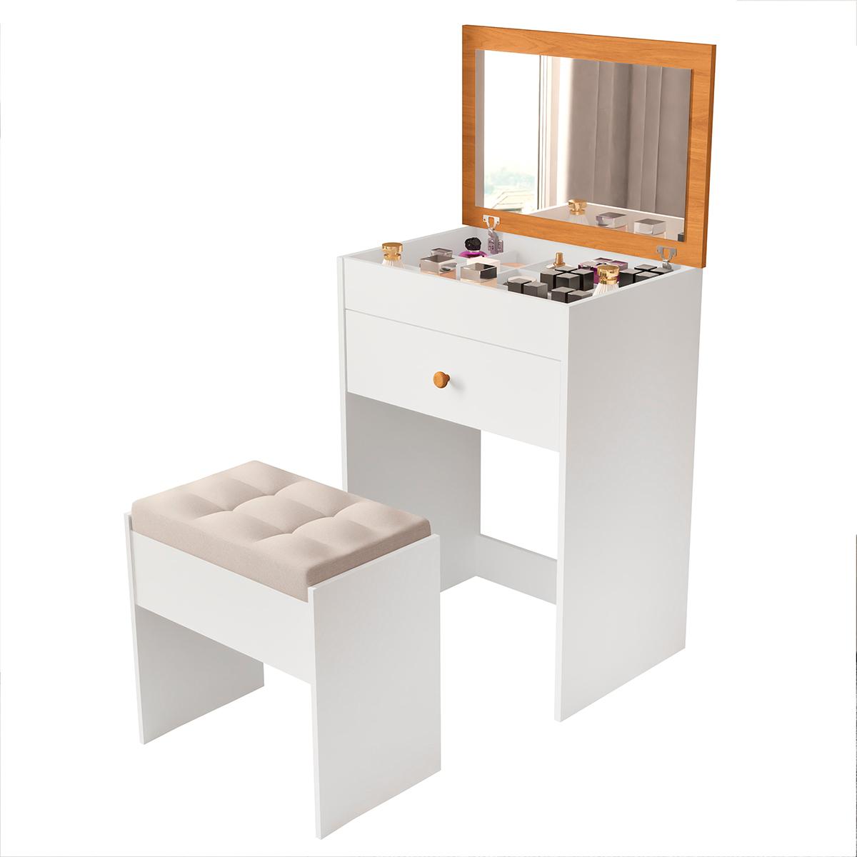 Penteadeira Clara Com 1 Gaveta E Banqueta Estofada Branco/nature