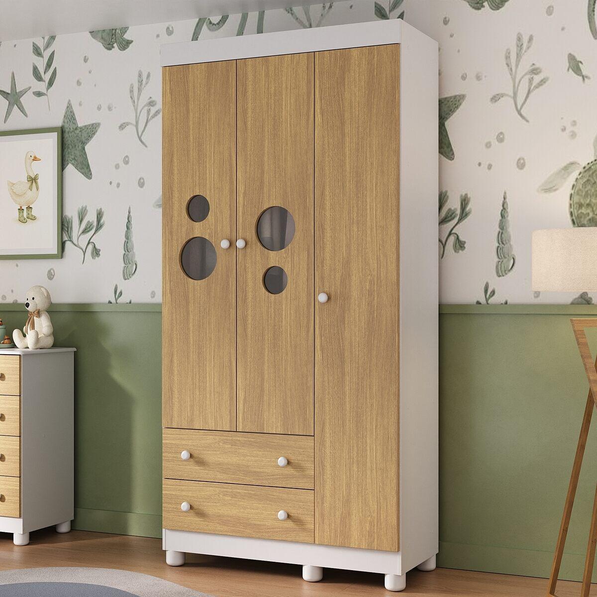 Guarda-Roupa Infantil 92cm Com Vidro 3 Portas E 2 Gavetas Bombom Multimóveis Mp4462 Branco/Madeirado