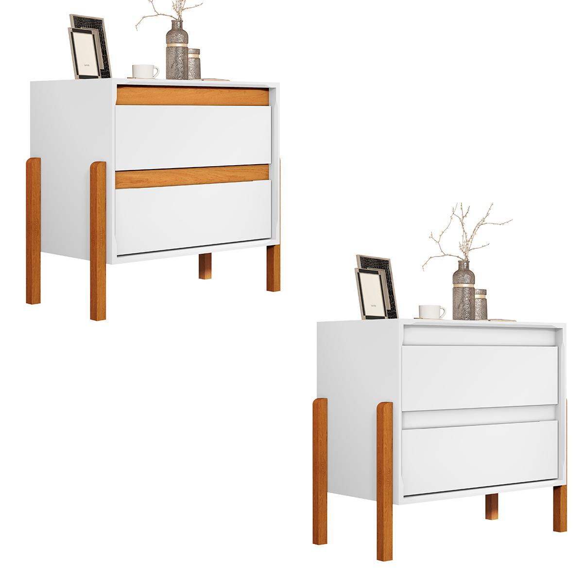 Kit 2 Mesa De Cabeceira Verona 2 Gavetas Pés Madeira Maciça Branco/nature