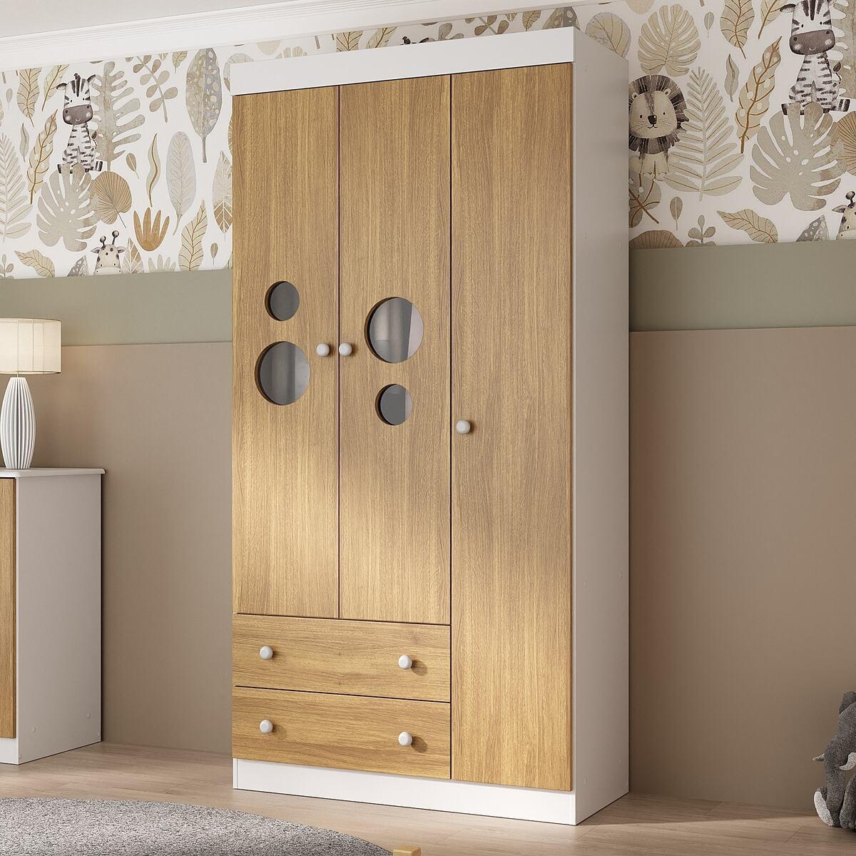 Guarda-Roupa Infantil 92cm Com Vidro 3 Portas E 2 Gavetas Pirulito Multimóveis Mp4467 Branco/Madeirado