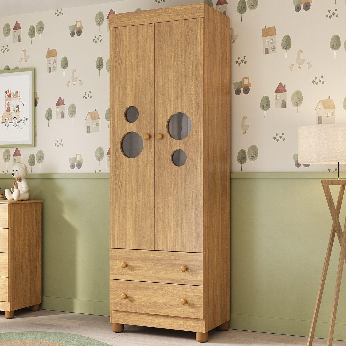 Guarda-roupa Infantil 62cm 2 Portas Com Vidro E 2 Gavetas Bombom Multimóveis Mp4461 Madeirado