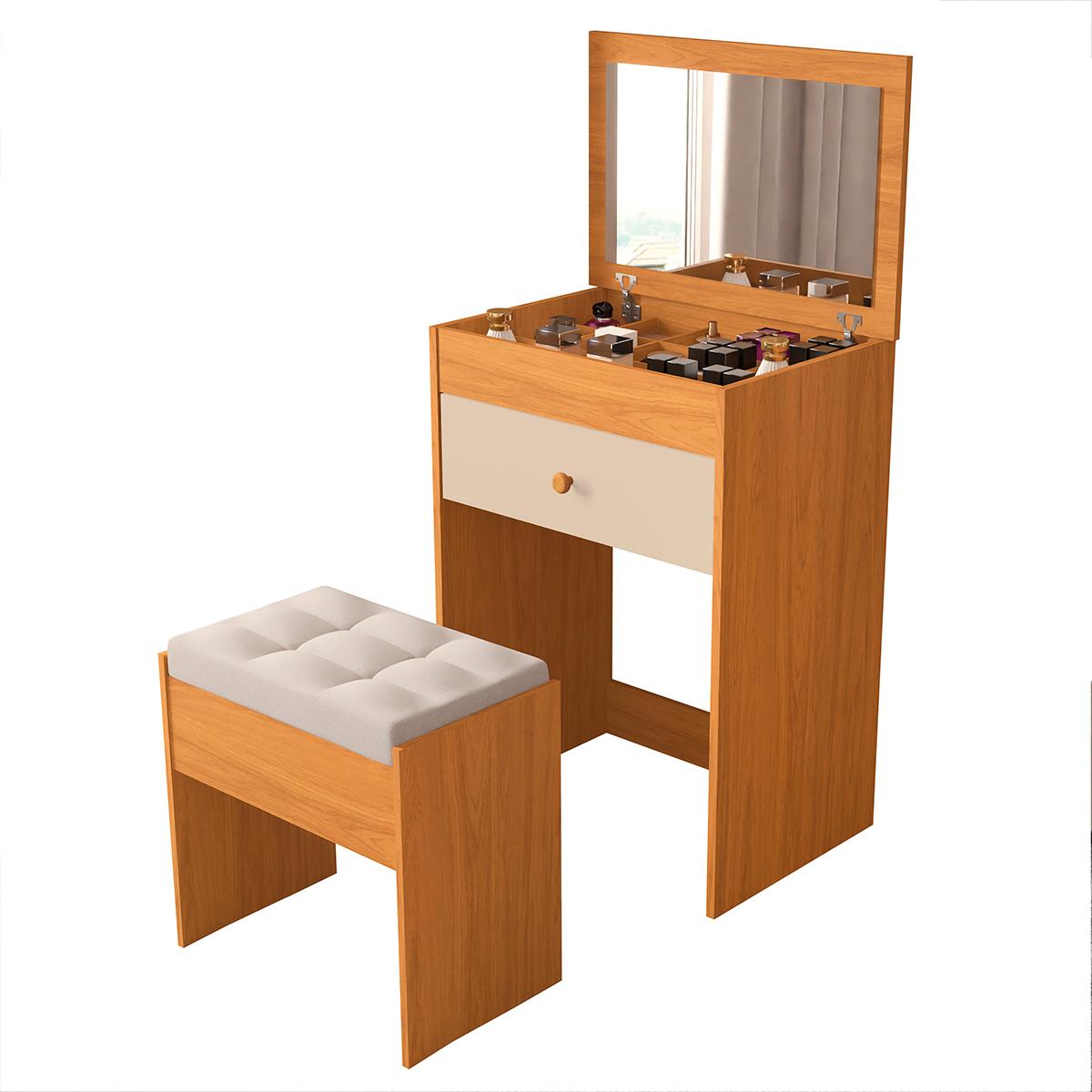 Penteadeira Clara Com 1 Gaveta E Banqueta Estofada Nature/Off White