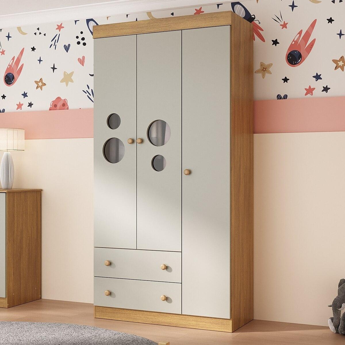 Guarda-Roupa Infantil 92cm Com Vidro 3 Portas E 2 Gavetas Pirulito Multimóveis Mp4467 Madeirado/Off White
