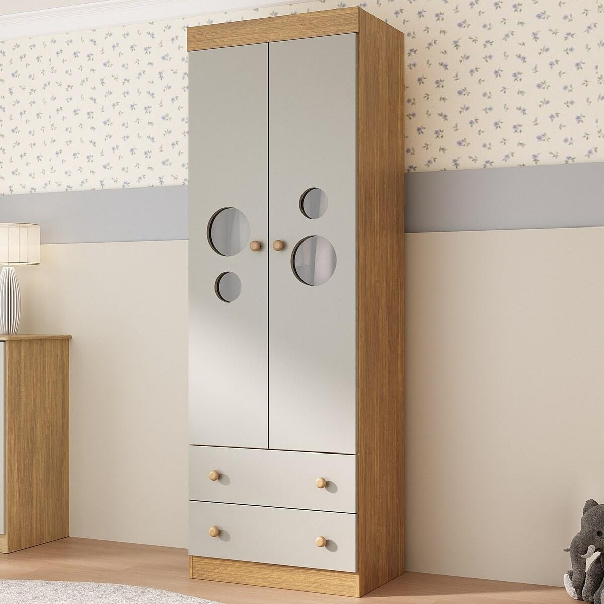 Guarda-roupa Infantil 62cm 2 Portas Com Vidro E 2 Gavetas Pirulito Multimóveis Mp4466 Madeirado/off White