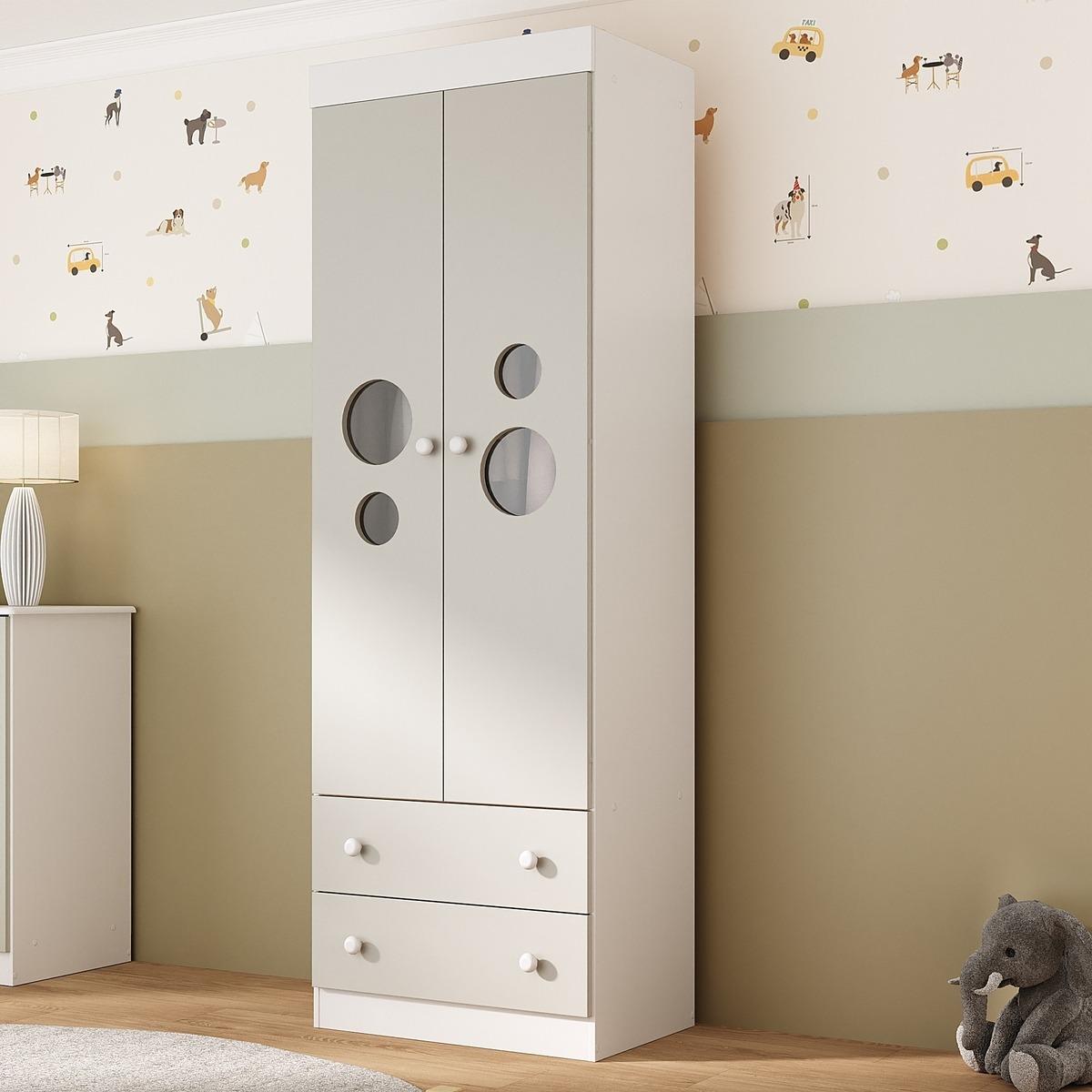 Guarda-Roupa Infantil 62cm 2 Portas Com Vidro E 2 Gavetas Pirulito Multimóveis Mp4466 Branco/Off White