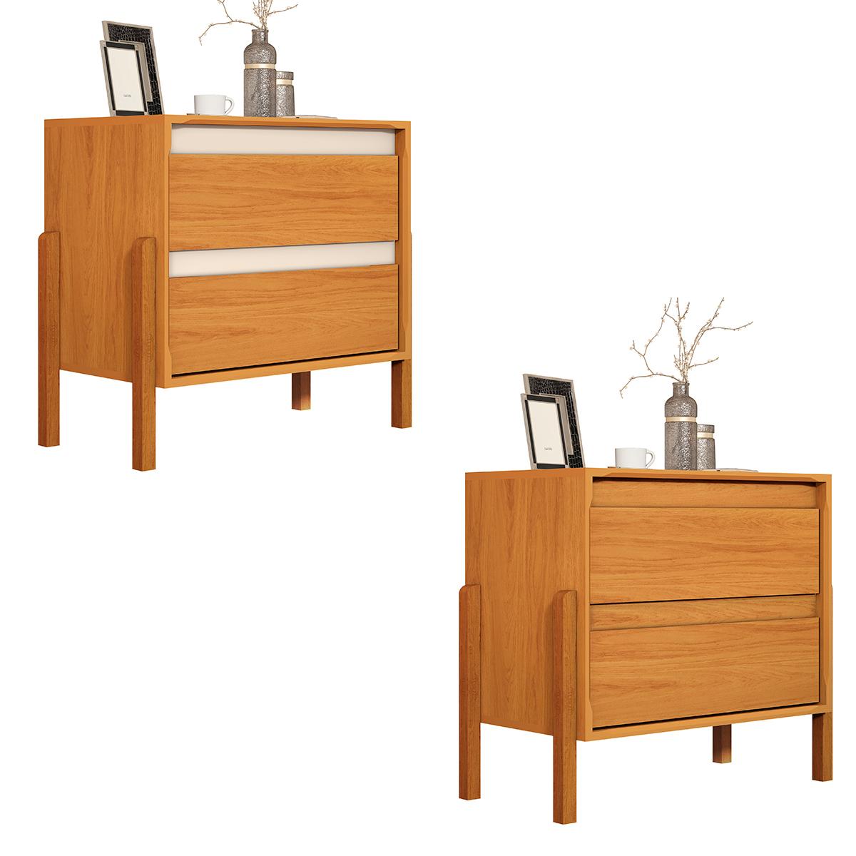 Kit 2 Mesa De Cabeceira Verona 2 Gavetas Pés Madeira Maciça Nature/Off White