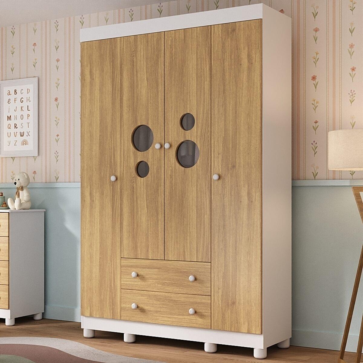 Guarda-Roupa Infantil 122cm Com Vidro 4 Portas E 2 Gavetas Bombom Multimóveis Mp4463 Branco/Madeirado