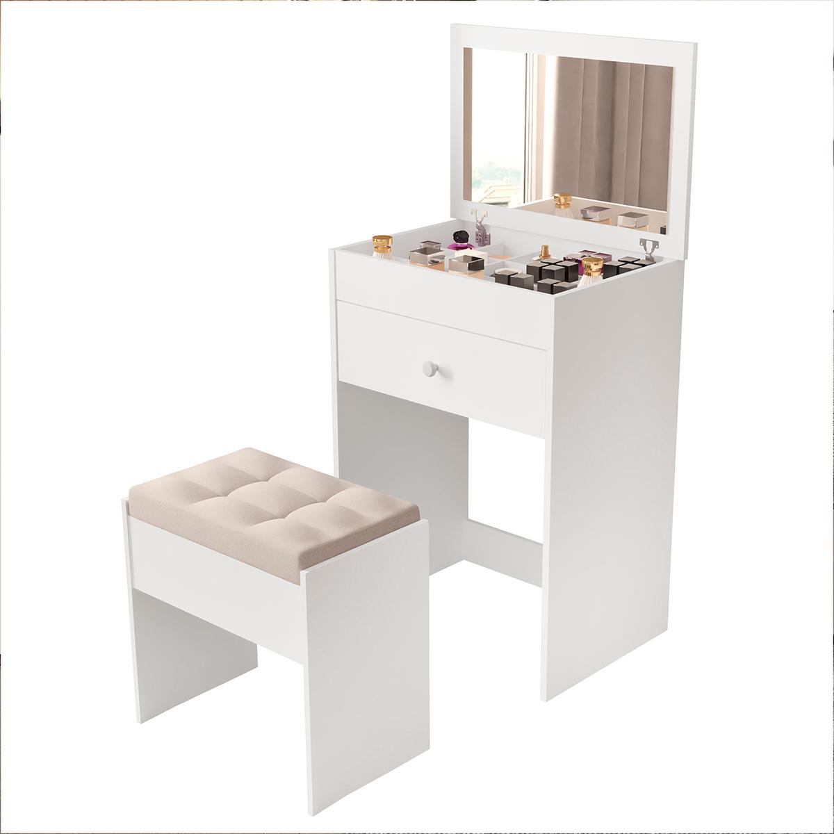 Penteadeira Clara Com 1 Gaveta E Banqueta Estofada Branco