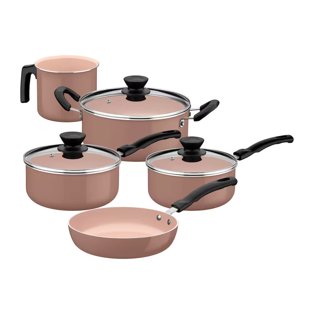 Jogo Panelas Évora 05 Peças Revestimento Cerâmico Tampas De Vidro Tramontina