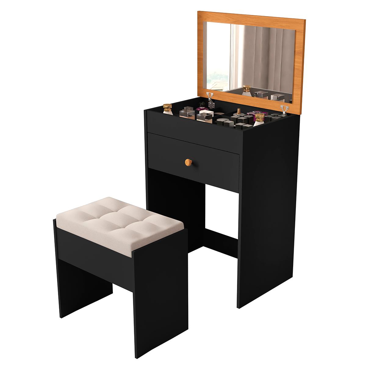 Penteadeira Clara Com 1 Gaveta E Banqueta Estofada Preto/nature