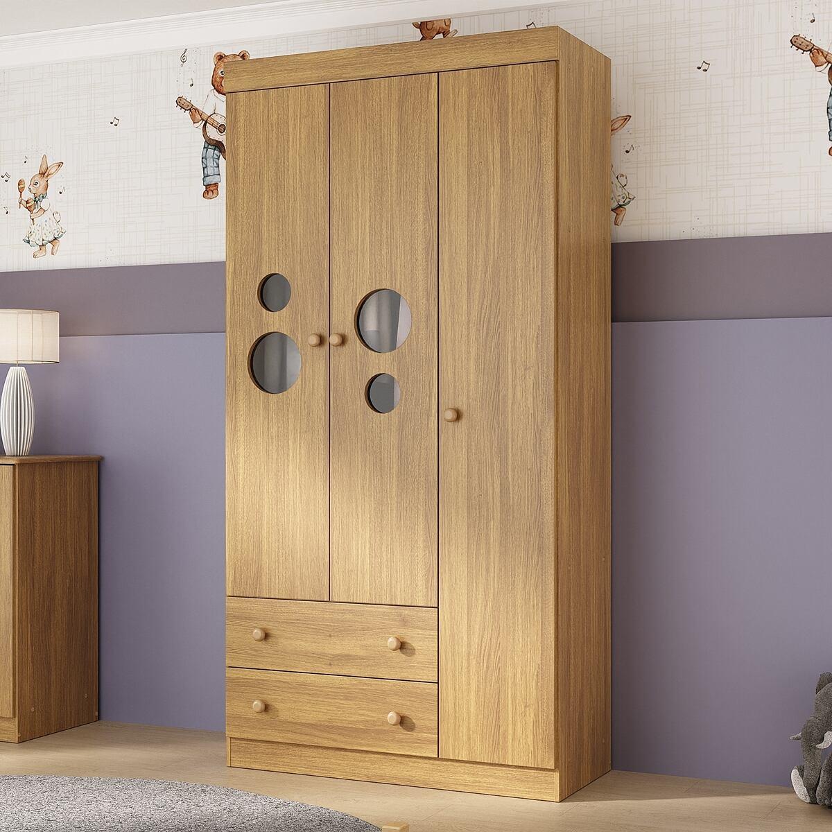 Guarda-Roupa Infantil 92cm Com Vidro 3 Portas E 2 Gavetas Pirulito Multimóveis Mp4467 Madeirado