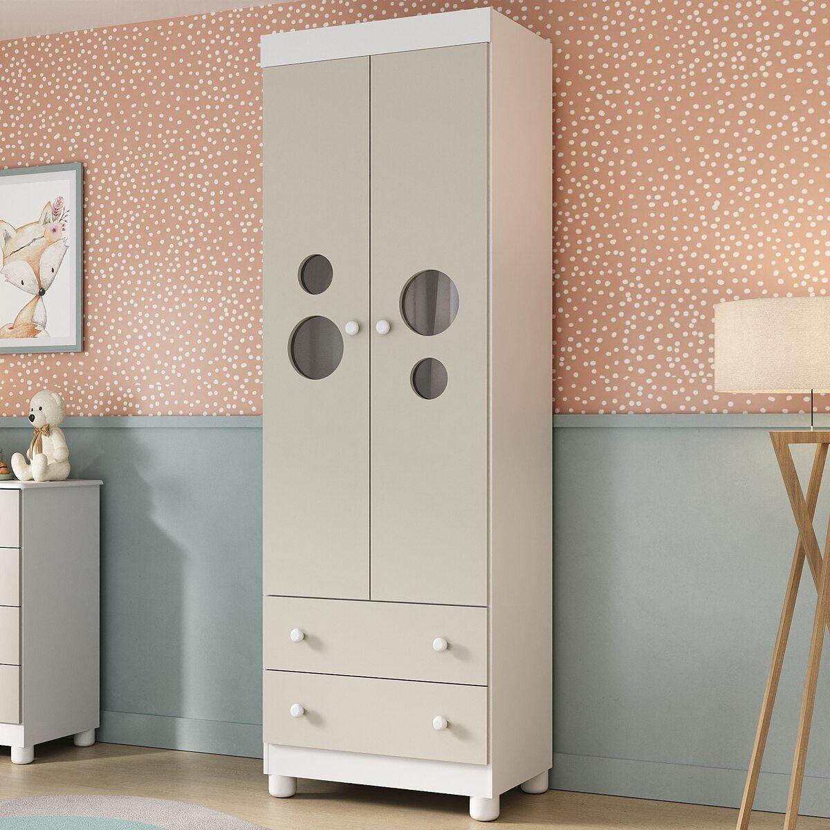Guarda-Roupa Infantil 62cm 2 Portas Com Vidro E 2 Gavetas Bombom Multimóveis Mp4461 Branco/Off White