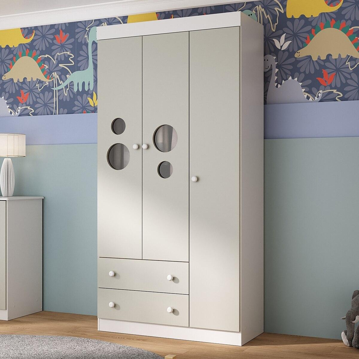 Guarda-Roupa Infantil 92cm Com Vidro 3 Portas E 2 Gavetas Pirulito Multimóveis Mp4467 Branco/Off White