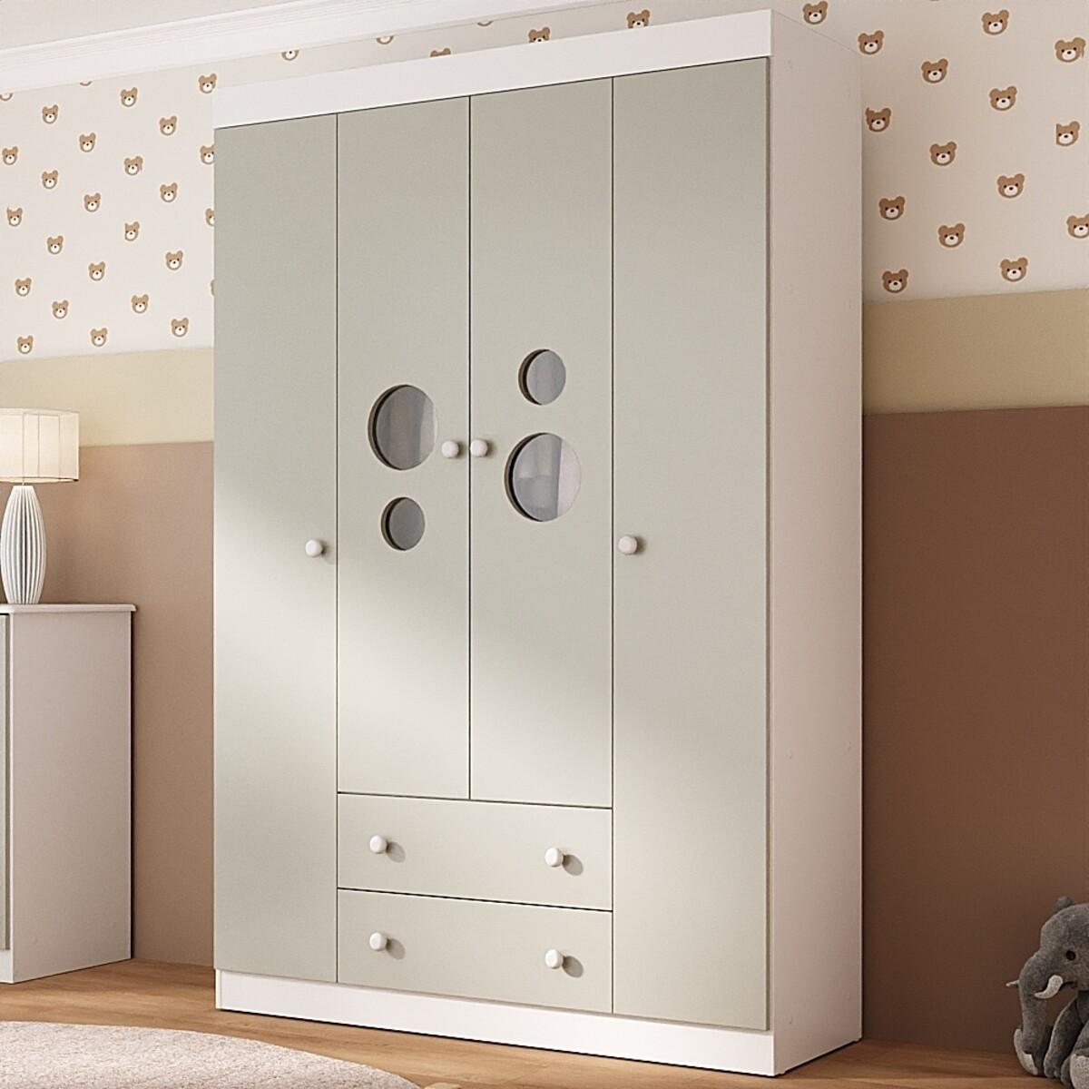 Guarda-Roupa Infantil 122cm Com Vidro 4 Portas E 2 Gavetas Pirulito Multimóveis Mp4468 Branco/Off White