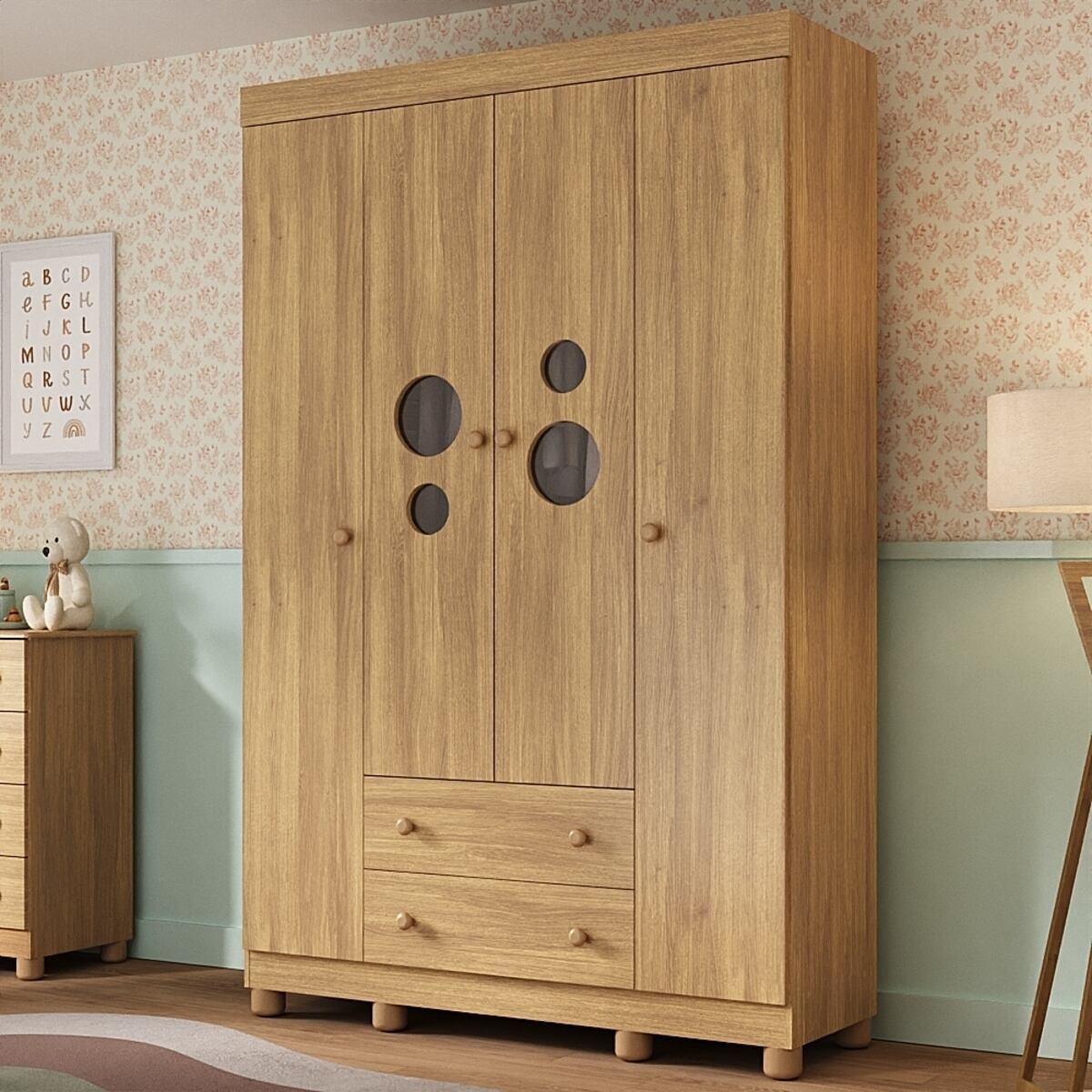 Guarda-roupa Infantil 122cm Com Vidro 4 Portas E 2 Gavetas Bombom Multimóveis Mp4463 Madeirado