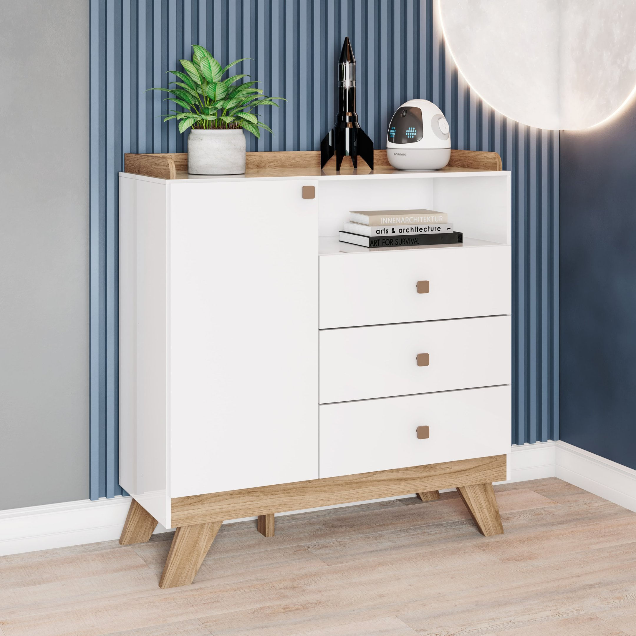 Cômoda 3 Gavetas 1 Porta Confete Branco/jequitibá Hp