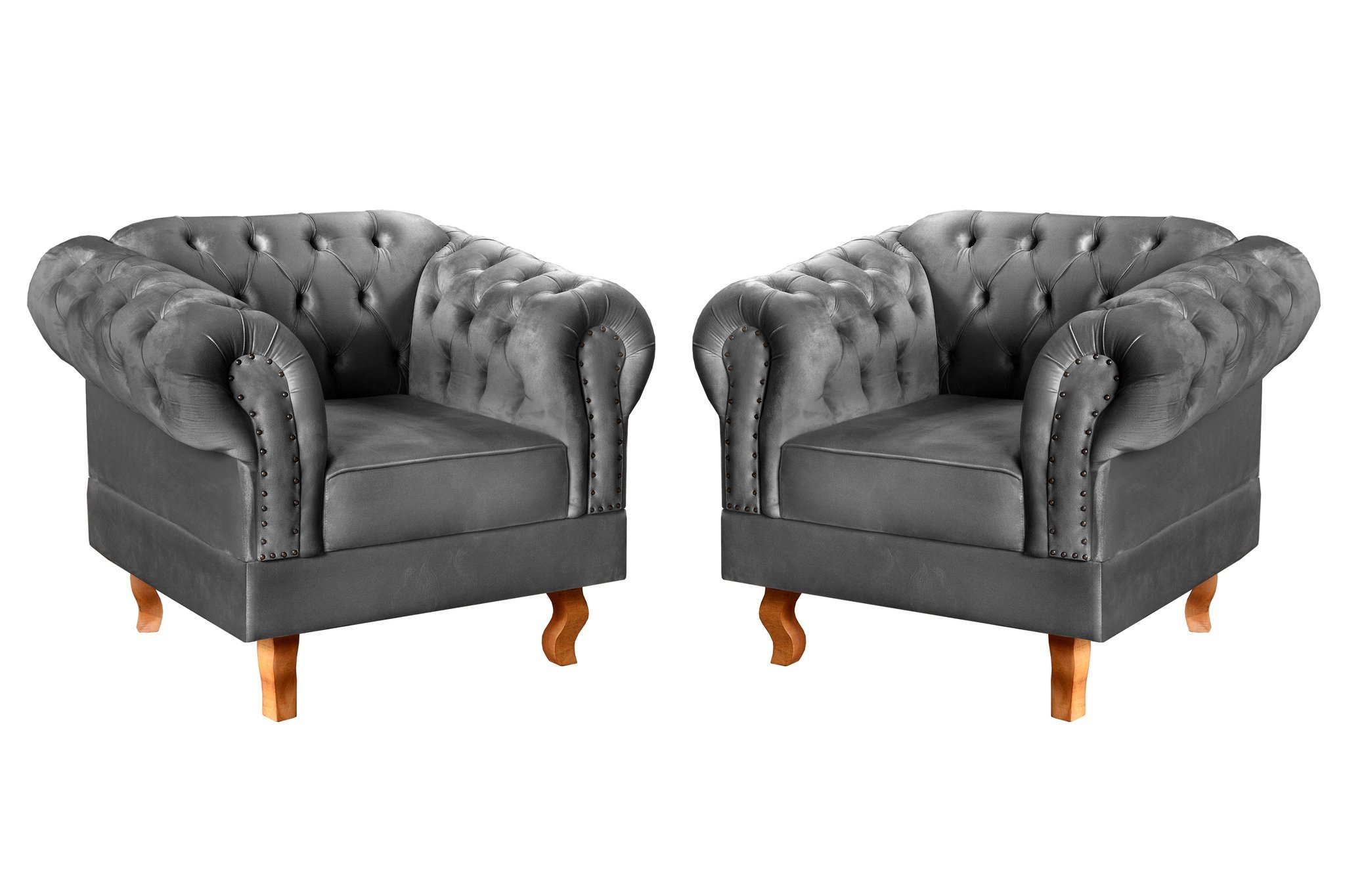 Conjunto 2 Poltronas Chesterfield Dom Pedro Decoração Sala Recepção Retrô Cinza Grafite