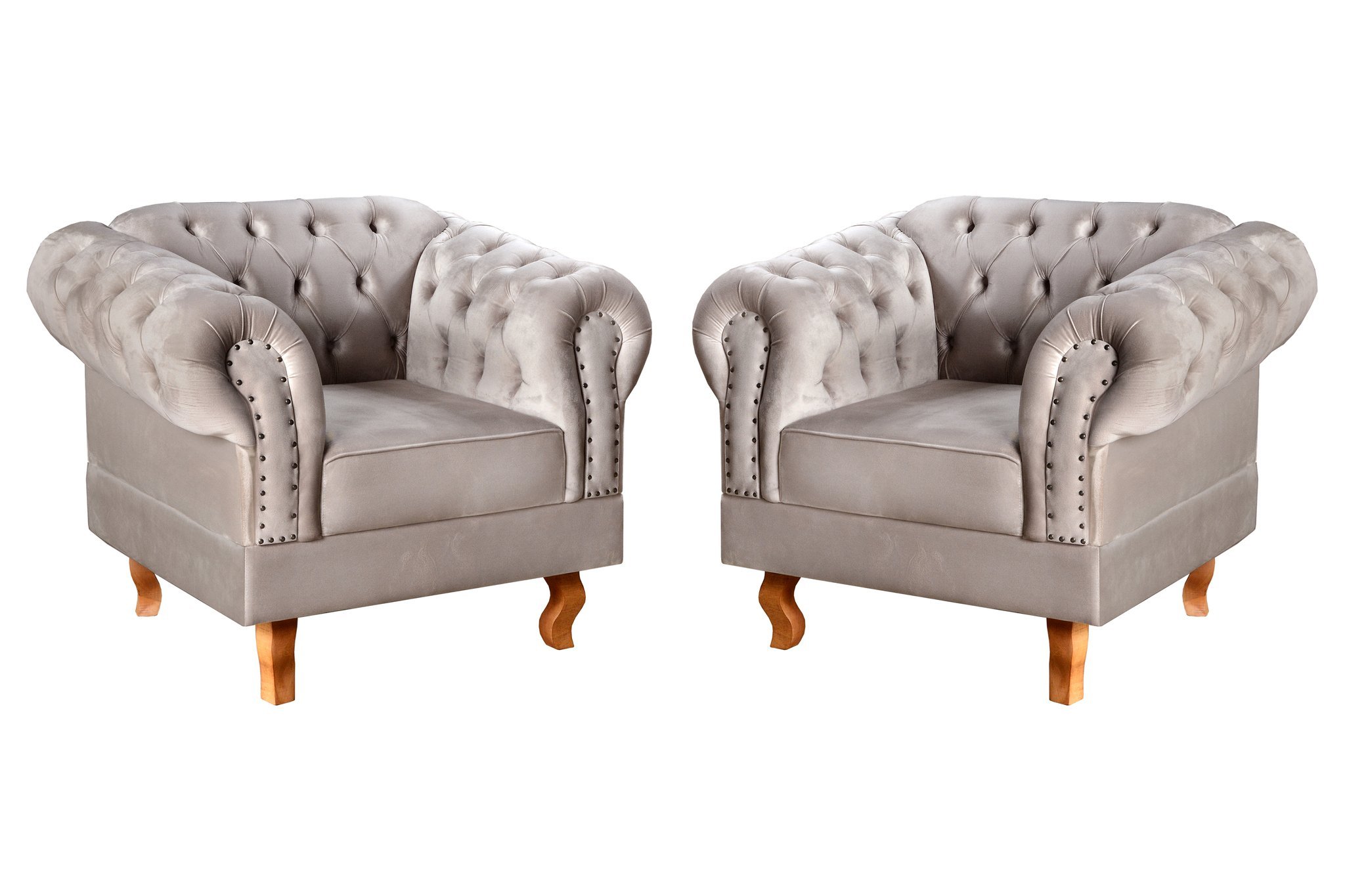 Conjunto 2 Poltronas Chesterfield Dom Pedro Decoração Sala Recepção Retrô Cinza Capuccino