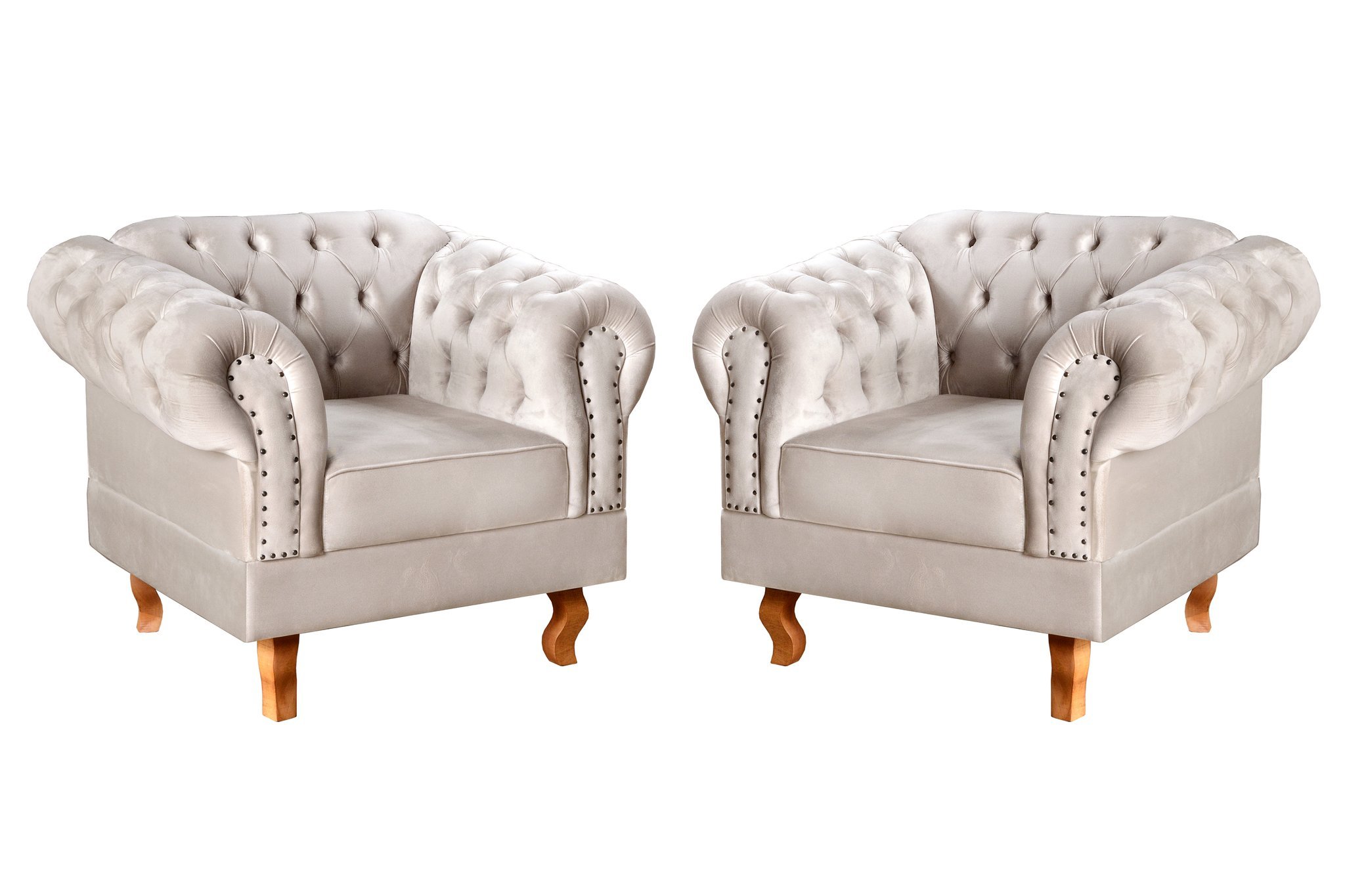 Conjunto 2 Poltronas Chesterfield Dom Pedro Decoração Sala Recepção Retrô Bege Claro