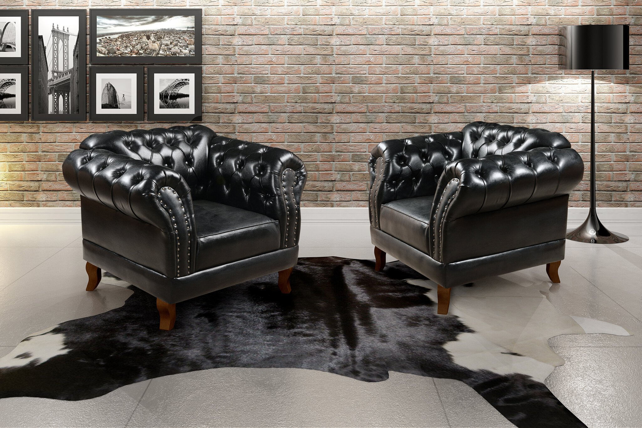 Conjunto 2 Poltronas Chesterfield Dom Pedro Decoração Sala Recepção Retrô Preto