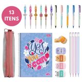 Kit Escolar Com 13 Itens Canetas Lapiseira Cores Conjunto Aluno Colorido Borracha Caderno Estojo