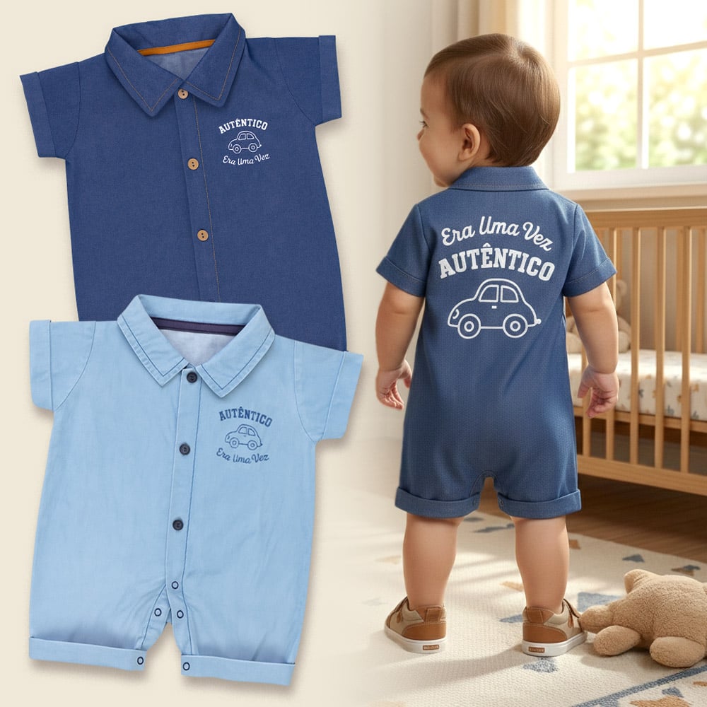 Macacão Camisa Jeans Para Bebê Menino Lavagem Azul