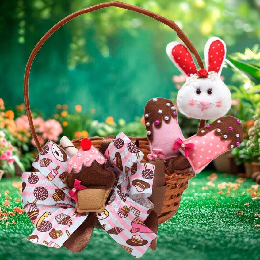 Cesta De Páscoa Artesanal Decoração Coelho Rosa Docinho 30cm - imagem 2