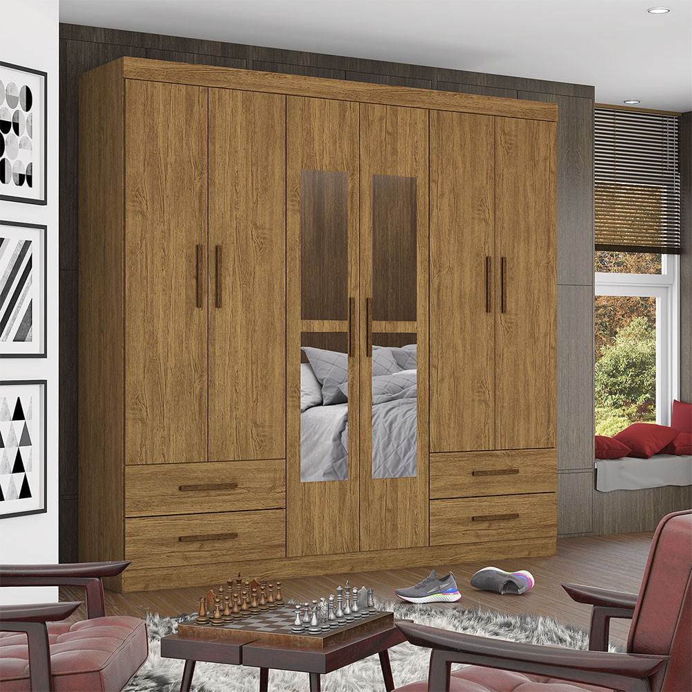 Guarda Roupa Casal Lu 6 Portas 4 Gavetas Com Espelho Carioca Móveis